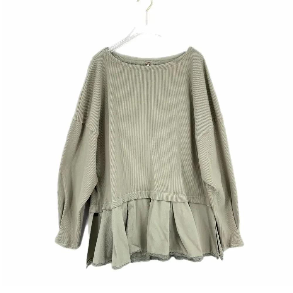 Free People Olive Green Ribbed Slouchy Flowy Hem Boho Chic Oversized Tunic Top